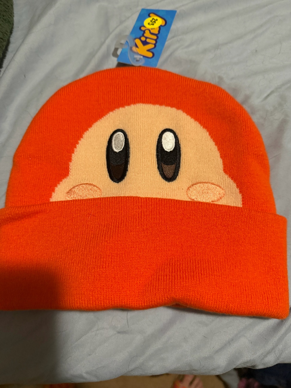 Kirby-Inspired Orange Knit Beanie with Cute Face